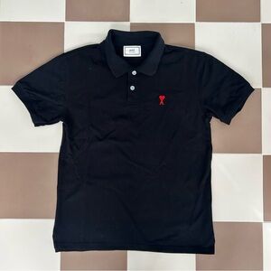 AMI Paris Polo Shirt Mens Small Black Ami de Coeur Heart A Logo Red Pique